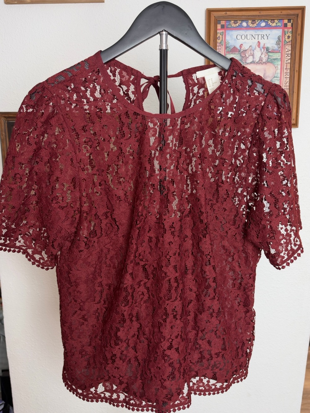 H & M size 10 woman’s burgundy lace back tie short sleeve shirt